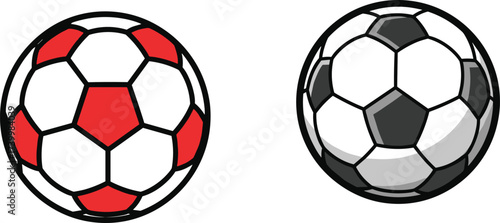 Soccer balls illustration, black white football, red soccer ball, sport equipment design, football training icon, soccer game vector art