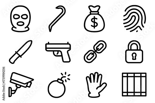 Crime and security icons: line art collection of tools and symbols for safety and protection