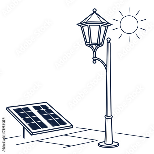 Illustration of a solarpowered street lamp, showcasing its ecofriendly design and sustainable energy source for illuminating streets and pathways at night