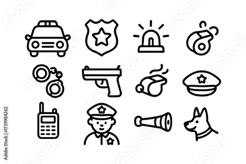 Police icons set: outline style featuring tools, symbols, and equipment
