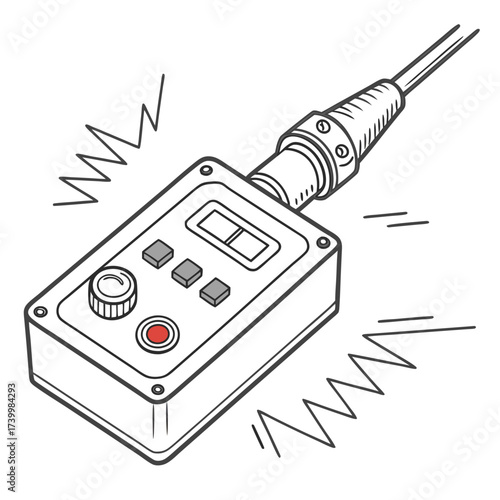 Illustration of wired remote control, featuring buttons and a display, ideal for industrial or technological applications requiring precise control and monitoring
