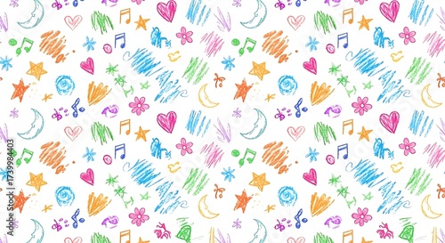 Colorful hand drawn doodle pattern with hearts stars and music notes.