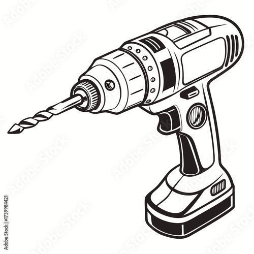 Vector art of a cordless drill with a drill bit, featuring a handle and a battery pack, this power tool is essential for various construction and repair tasks