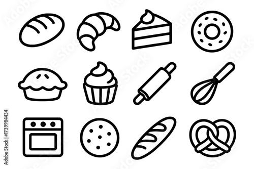 Linear bakery icons set featuring bread, pastries, and baking tools