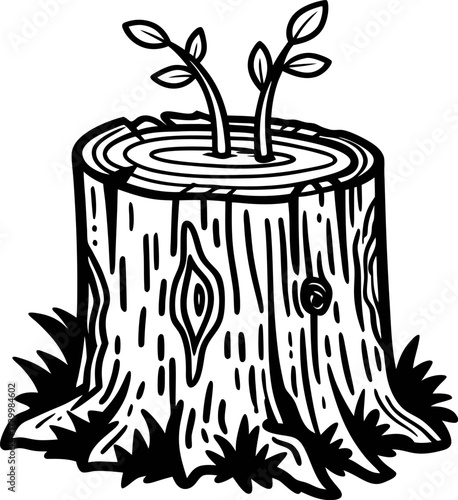Black and white tree stump illustration with sprouting branches and grass in vintage engraved