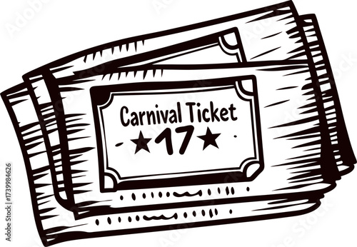 Hand drawn vintage carnival ticket illustration with bold number and decorative border