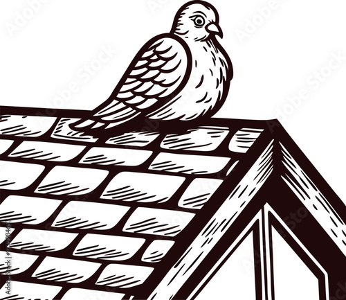 Hand drawn pigeon perched on a tiled rooftop black and white sketch illustration with clean lines