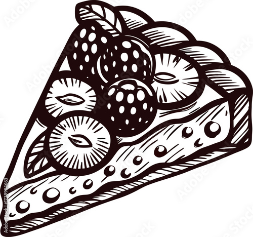 Hand drawn slice of fruit tart with strawberries and kiwi in vintage engraving isolated on white background
