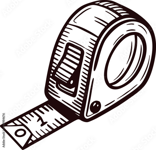 Hand drawn illustration of measuring tape extended with ruler marks visible in vintage engraved