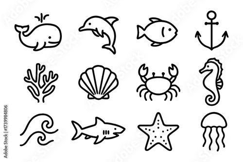 Oceanic marine life icons set: whales, dolphins, fish, and more in simple line art style