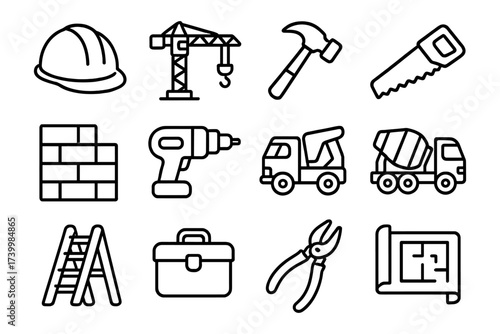 Construction tools and equipment icons set in linear style for building projects