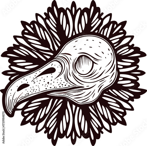 Detailed black ink illustration of bird skull surrounded by stylized leaves in hand drawn tattoo
