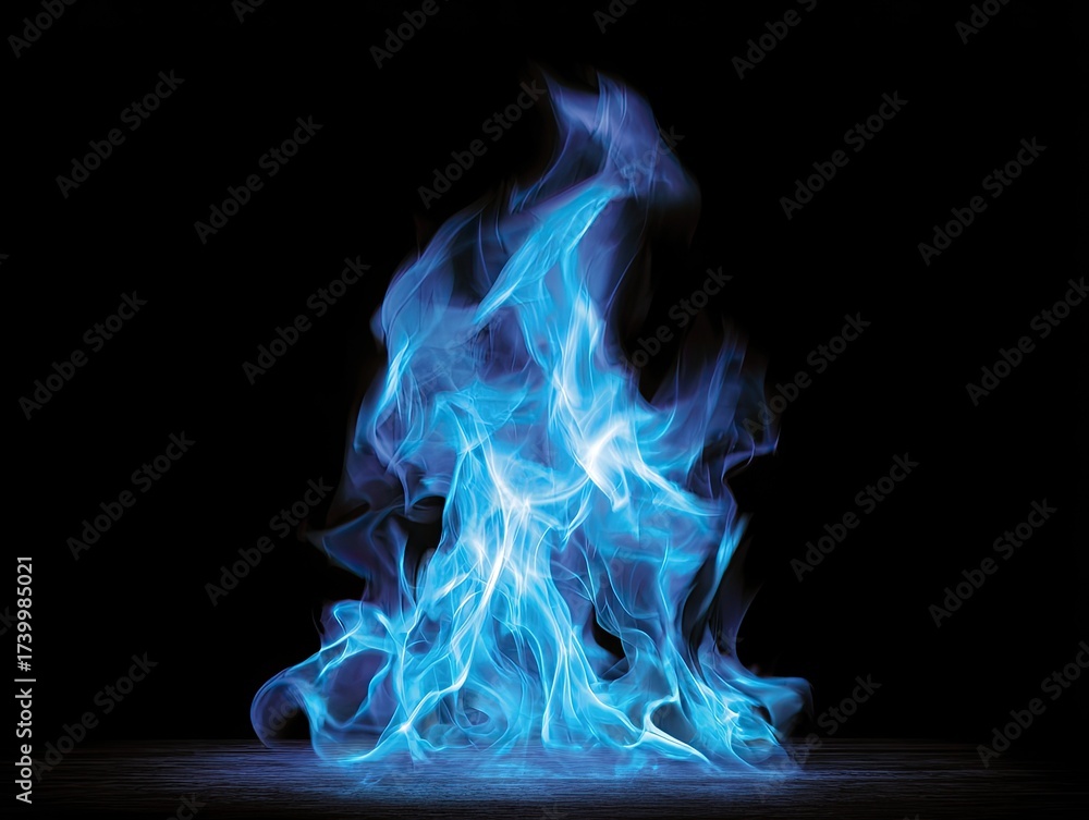 Fototapeta premium Brilliant blue flame against a stark black background, with wisps and a central core