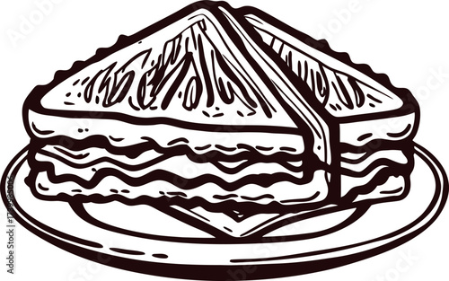 Hand drawn illustration of classic club sandwich with layers on plate, vintage sketch food drawing