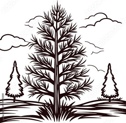 Hand drawn pine tree silhouette in natural landscape with clouds and grass, vintage black illustration