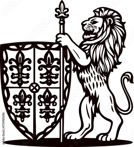 Regal heraldic lion standing with ornate shield and fleur de lis motif, black and white vintage engraving