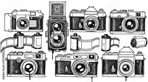 Black and white illustration of vintage cameras and film rolls with sketch details for photography design and retro technology content