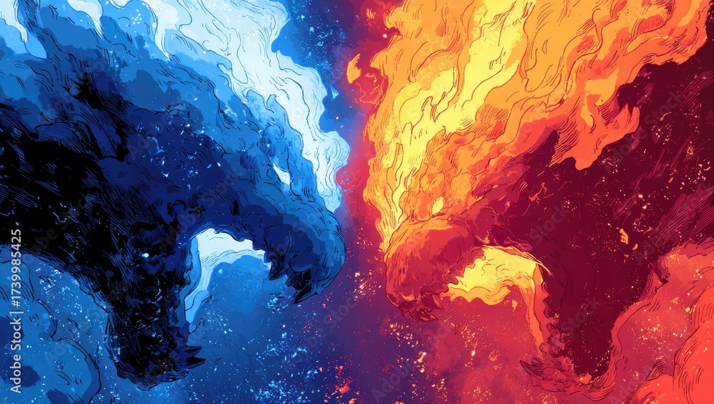 Naklejka premium Abstract depiction of two elemental creatures clashing; one ice, one fire