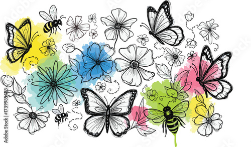 Colorful illustration of butterflies, bees, and flowers with watercolor splashes and black outlines for spring design and nature content