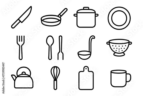 Minimalist line icons of kitchen utensils for modern culinary designs