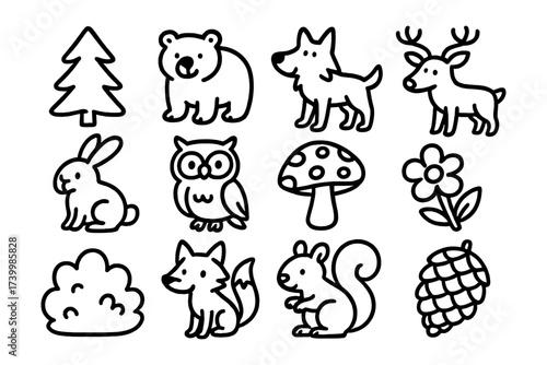 Cute woodland animals and nature icons in simple black and white doodle style