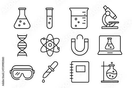 Science lab equipment icons: chemistry and physics tools in linear design