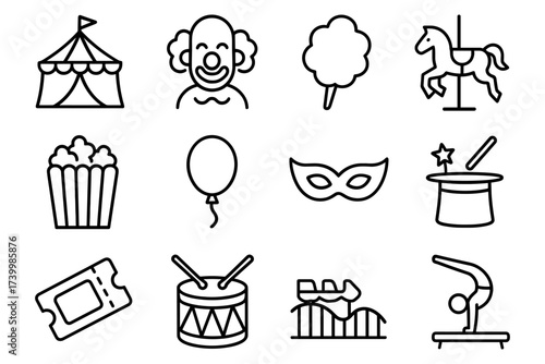 Circus icons collection: clown, tent, popcorn, drums, and more in simple outline design