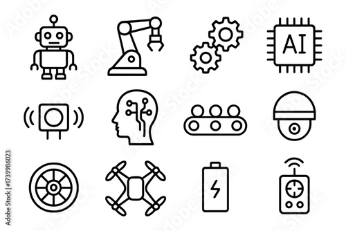 Linear ai and robotics icons featuring drones, automation, and technology elements