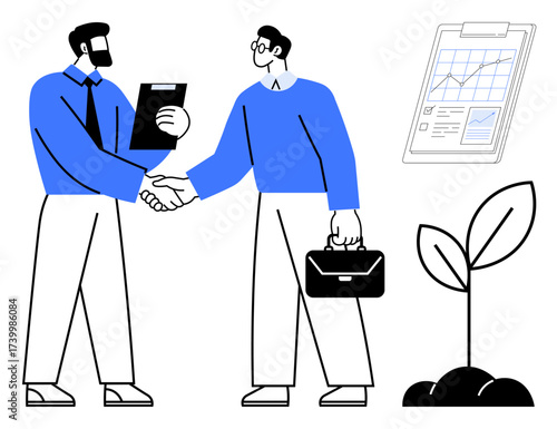 Two professionals shaking hands in agreement, with a clipboard of data and a growing plant symbolizing progress. Ideal for teamwork, collaboration, growth, eco-business, success, planning, simple