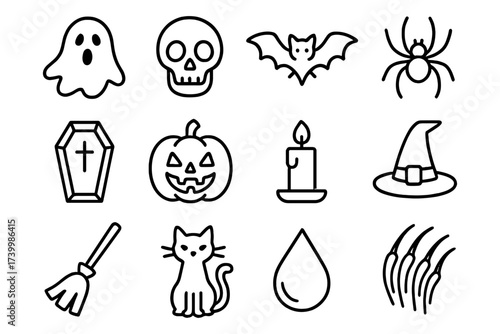 Simple halloween icons: ghosts, skulls, and more in linear style for festive designs