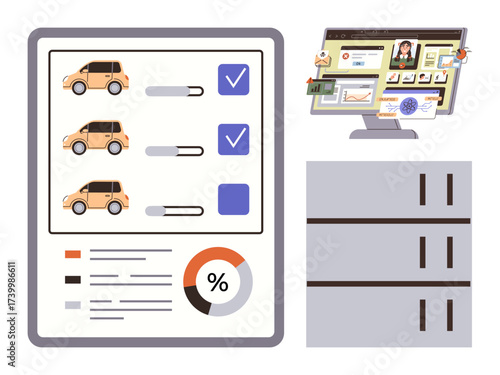 Car selection checklist with toggle sliders and checkboxes, pie chart for data insights, computer screen illustrating analytics, file storage icons. Ideal for fleet management, logistics, analysis