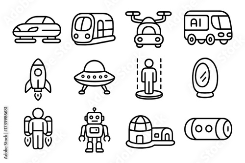 Futuristic technology icons set featuring vehicles, robotics, and space elements in linear style