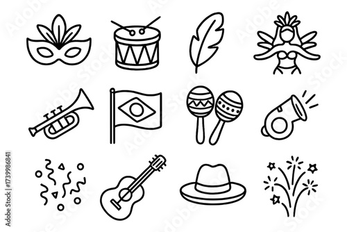 Carnival icons: mask, drums, feathers, and more in bold line art
