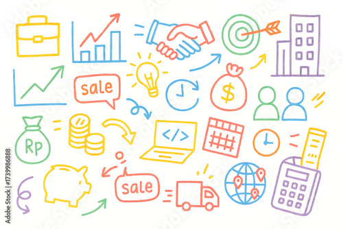 Hand drawn business and finance icons set in a colorful doodle style.