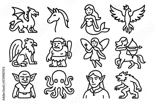 Fantasy creatures in simple linear style: dragons, unicorns, mermaids, and more