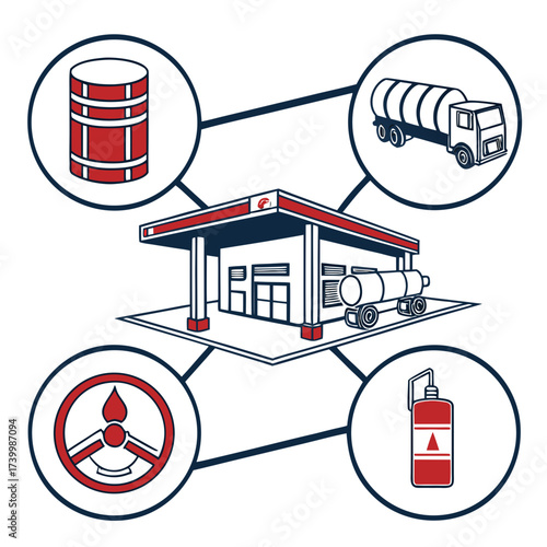 Illustration of a gas station with various elements connected by lines, including a barrel, tanker truck, fuel pump, and steering wheel, showcasing the petroleum industry and its components