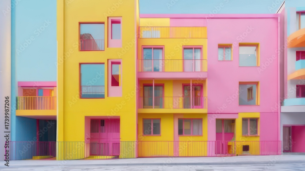 Naklejka premium Bright, multi-colored buildings with unique window designs and minimalist balconies