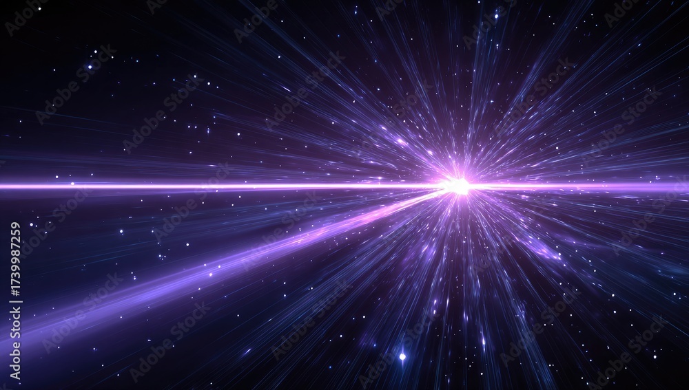Fototapeta premium Cosmic explosion, a bright light source radiates energy through deep space, with dust and light trails