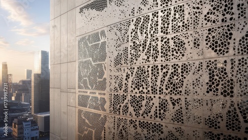 Building facade with intricate, patterned metal paneling against a hazy city skyline