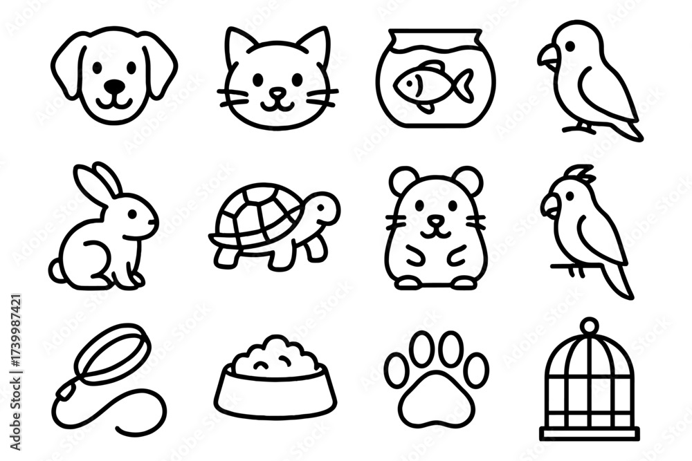 Fototapeta premium Simple pet icons featuring animals and accessories in clean black and white outline style