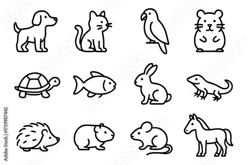 Linear outline of cute pets and animals set in simple style