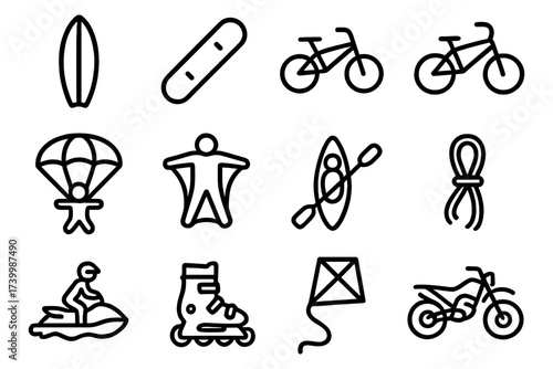 Outdoor recreation icons: surfing, cycling, kayaking, parachuting, and more in bold line art