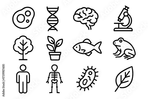 Science and nature icons: biology, dna, brain, microscope, ecosystem