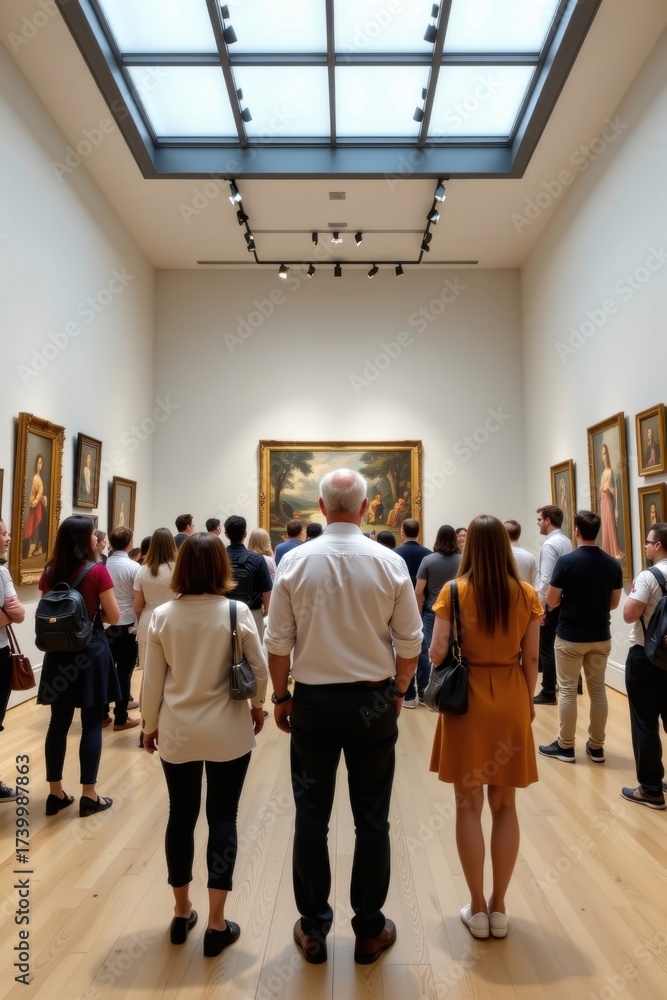 Fototapeta premium Visitors tou an art gallery featu classic paintings in a well-lit modern museum with wooden floo and a glass ceiling
