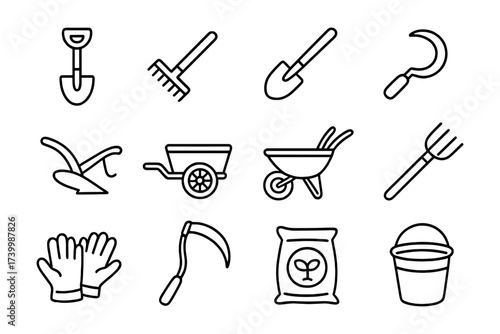Simple gardening tools outline set: essential icons for agriculture and farming