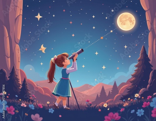 Young girl explo a starry night sky with telescope in a magical outdoor landscape under moonlight with colorful flowers and mountain silhouettes