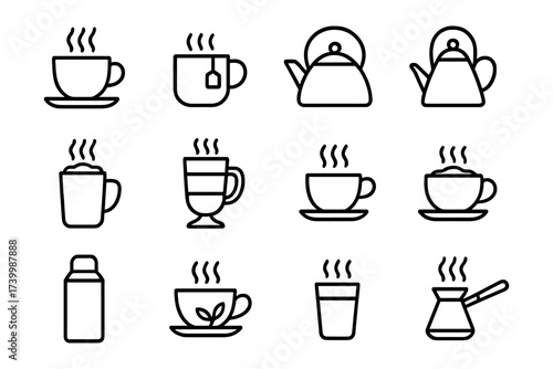 Minimalist line art icons of tea and coffee cups with kettle variations