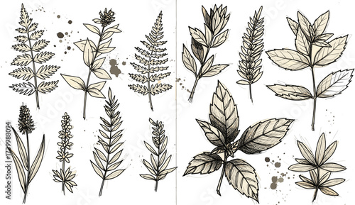 Vintage botanical herb illustration with fine line drawing, ink splatter background, detailed leaves and flowers for natural medicine and design