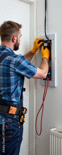 Electrician Installing or repai electrical wi in a modern interior wall with tools and safety gear for home or commercial electrical work