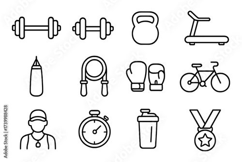 Fitness icon set featuring gym equipment and sports accessories in linear style